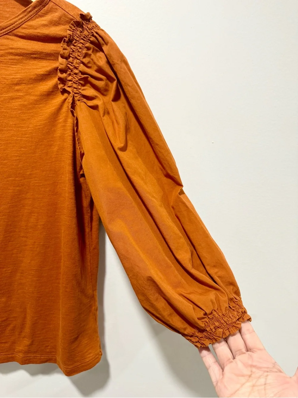 Banana Republic Rust Smocked Sleeve Puff Top Mixed Media Crew Neck Size S